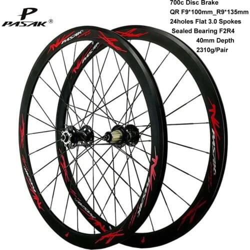 Pasak Road Bike 700C Wheelset Disc 6 Bolts V Brake QR F9X100 R9X135mm Aluminium Wheels 40mm Depth 24 Holes Flat 3.0 Spokes