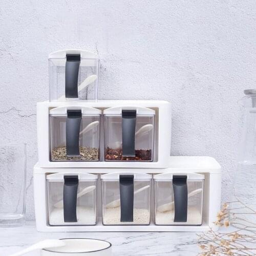 Plastic Spice Rack Seasoning Storage Boxes Spice Jars With Handle Spoon Kitchen Cooking Tool Herb Container Condiment Pepper Pot