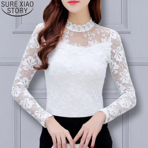 Long Sleeve Shirts Pullover White Lace Shirt Hollow Out Blusas Mujer De Moda 2021 Womens Blouses Stand Plus Size Tops 2305 50