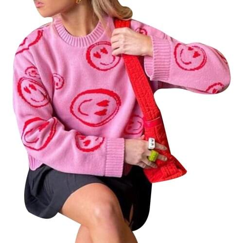 Winter Women Casual Sweater with Smiley Face Pattern Bright Colors Classic Round Neck Loose Version Spring Clothing
