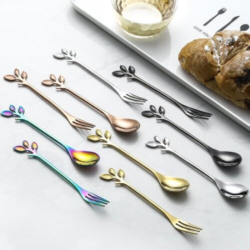 Creative Stainless Steel Spoons Branch Leaves Spoon Fork Mini Dessert Honey Coffee Teaspoon Cake Forks Tableware Kitchen Gadgets