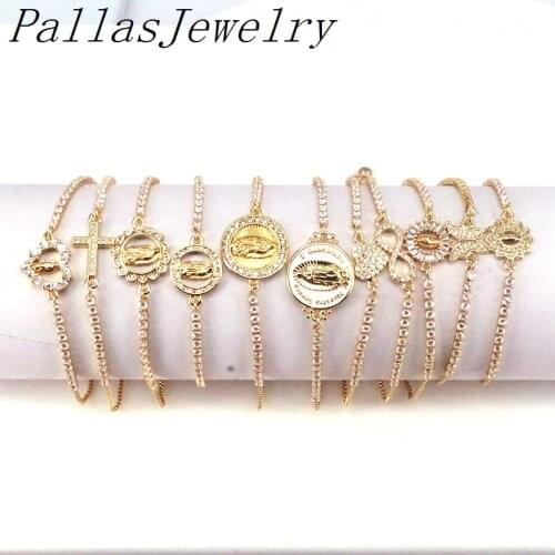 10Pcs Gold Heart Cross Virgin Mary Charm Bracelets For Women Adjustable Zirconia Round Heart Bracelet CZ Women Accessories