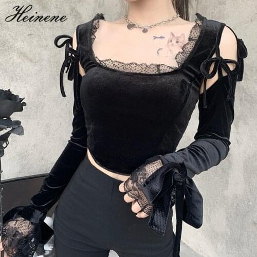 Heinene Gothic Velvet Lace Hollow Out Cropped Top Black Casual Bandage 2021 Autumn Womens Tee Tops Halloween Festival Clothing