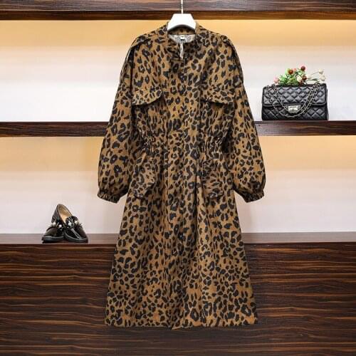 Autumn Winter Fashion Wild Leopard Print Windbreaker Womens Korean Lantern Sleeve Pocket Zipper Loose Trench Coat Female E376