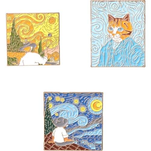 Famous Painting Enamel Pins Cat Self Portrait Wheatfield Star Night Brooches Funny Art Badges Gift for Painter Wholesale