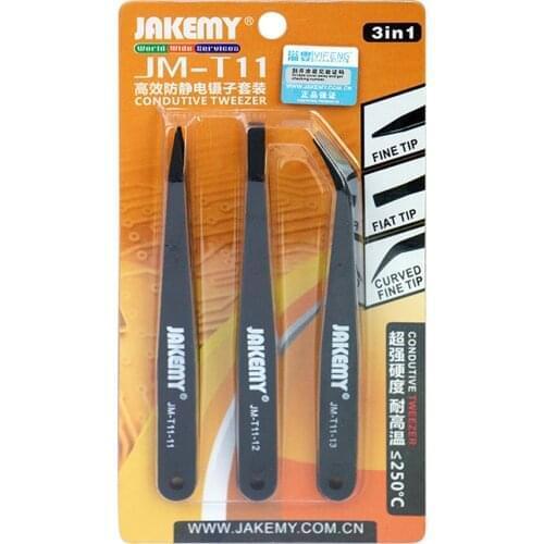 3Pc/Set Anti-static Kit Heat Resistant Flat Pointed Curved Tweezers Set JM-T11