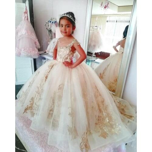 Amaya Champagne Puffy Tulle Flower Girl Dresses Ball Gown Sleeveless Sheer Neck First Communion Dress Pageant Gowns Vestidos