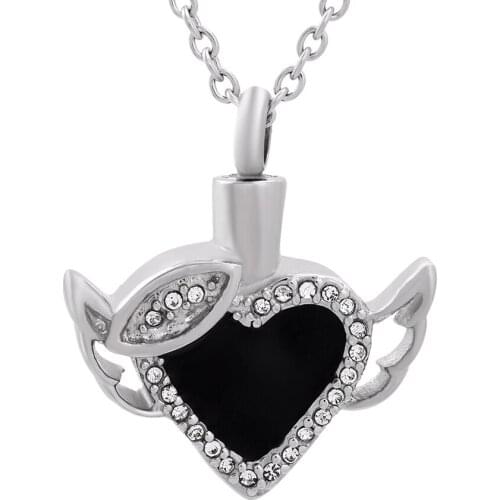 CMJ8343 Black Angel Heart Funeral Urn Necklace Stainless Steel Cremation Jewelry Pet Human Ashes Memorial Jewelry Keepsake
