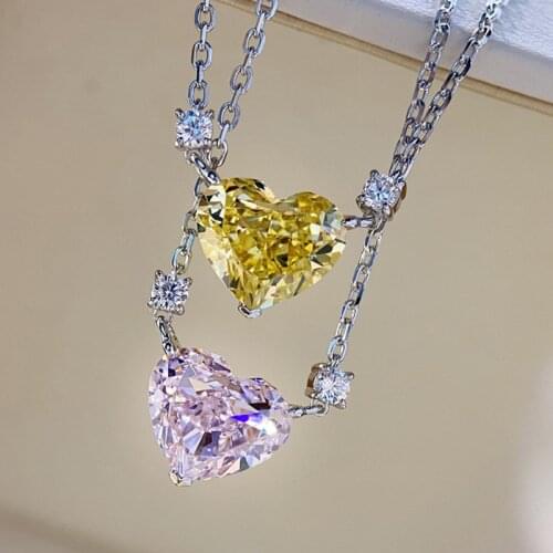 White Pink Yellow Zircon Heart Stone Necklace Female Luxury Crystal Pendant Necklaces For Women Boho Silver Color Chain Necklace
