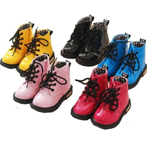 Children Toddler Baby Little Girls Boys Yellow Black Patent Leather Martin Boots Shoes For Girls Boys School Snowboots Shoes New