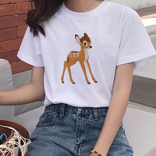 Disney Bambi Graphic Tees Tops Cartoon White-tailed Deer Print Tshirts Women Funny T Shirt White Tops Casual Girl T-Shirt