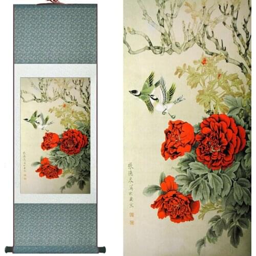 Birds and peony flower painting Home Office Decoration Chinese scroll painting peony flower paintingPrinted painting