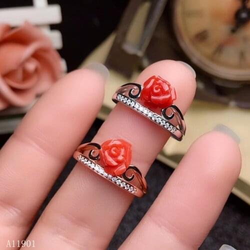 KJJEAXCMY fine jewelry 925 Silver-inlaid Natural Ruby Coral Girl Ring Support Identification