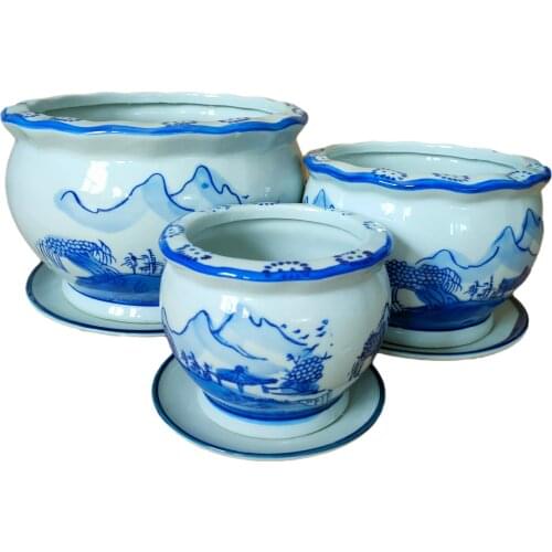 Classical Hand Paint Landscape Design Ceramic Planter Blue and White Porcelain Flower Pot Set of 3