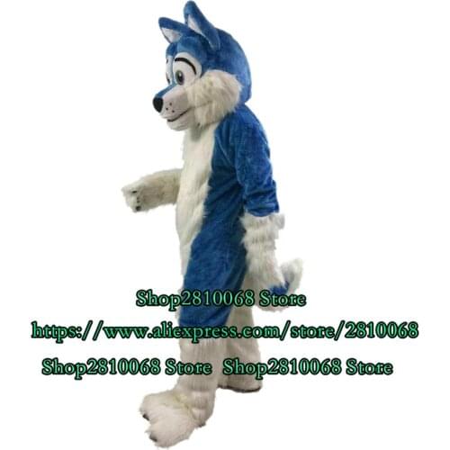 Blue Long Furry Husky Dog Fox Wolf Mascot Costume Suit Leather Jacket Adult Cartoon Show Birthday Party 086-4