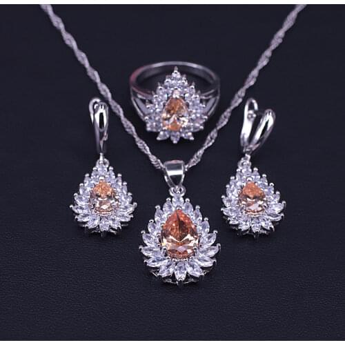Many Colors Champagne Zircon & Crystal Silver 925 Jewelry Set For Women Ring Earrings Necklace Set Bridal Jewelry Big Promotion