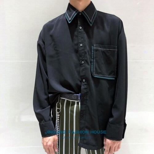 S-6XL!!2020 Mens black double tiered collared patchwork large pocket long-sleeved shirt loose non-korean version plus size fat