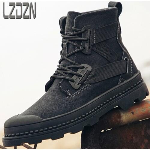 Mens Snow Boots Genuine Leather Chelsea Shoes Winter High-Top Martin Cotton Thickened Big Size Outdoor Fur Warm Hiking Camping