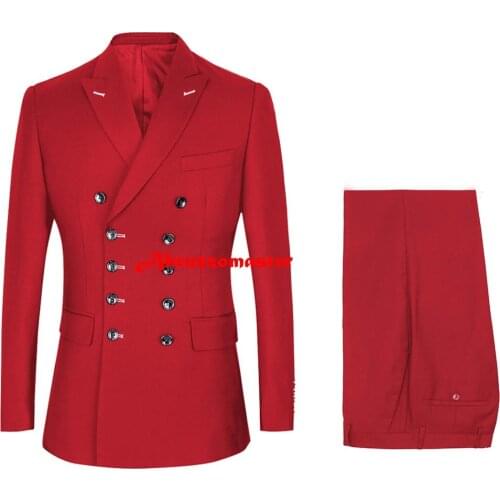 New Design Double Breasted Man Suit Bespoke Suit Red Dinner Suit Peaked Lapel Wedding Suit (Jacket +pants)
