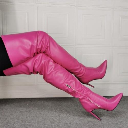 Autumn Winter Women Over-the-knee Boots Pink Faux Leather Thigh-High Pointy Toe Brand Design High Heels Long Botas Altas Mujer