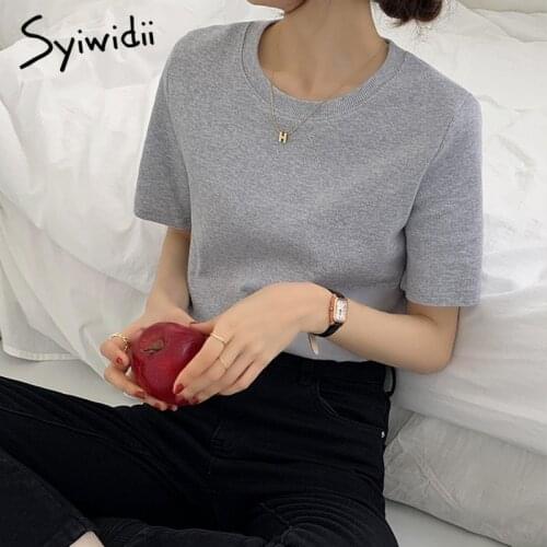 Syiwidii Canale Knitted Shirts Women Screw Thread O Neck Short Sleeve Slim White Tops 2021 Summer Korean Woman Tshirts Gray Tee