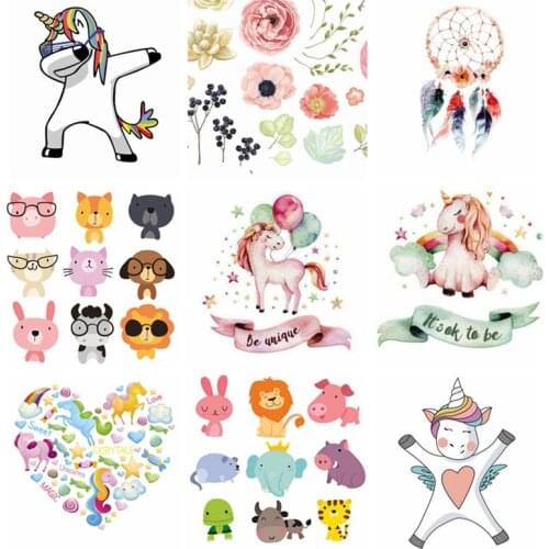 Uniorn Cat Animal Iron on Heat Transfer Patches for Kids Clothing DIY Stripes Flower Applique T-shirt Custom Stickers Appliques