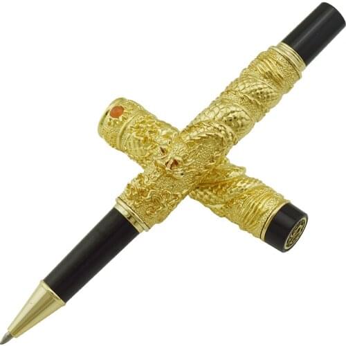 Jinhao Vintage Luxurious Rollerball Pen Golden Small Double Dragon Playing Pearl, Metal Carving Embossing Heavy Collection Pen