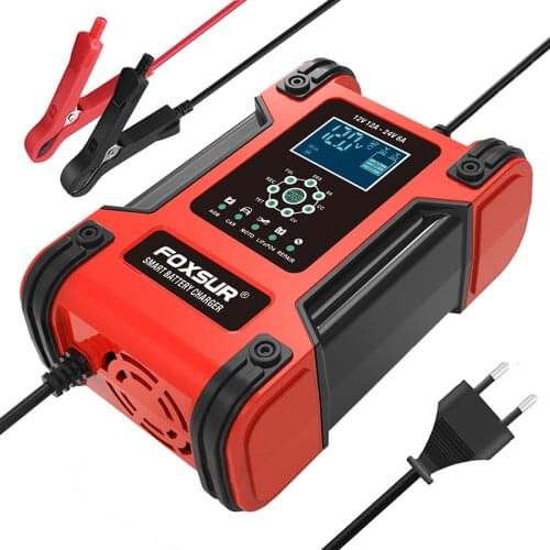 FOXSUR 12V 12A 24V 6A Battery Charger LCD Display,Pulse Repair Motorcycle & Car Battery Charger, 12V AGM GEL WET Lead Acid Charg