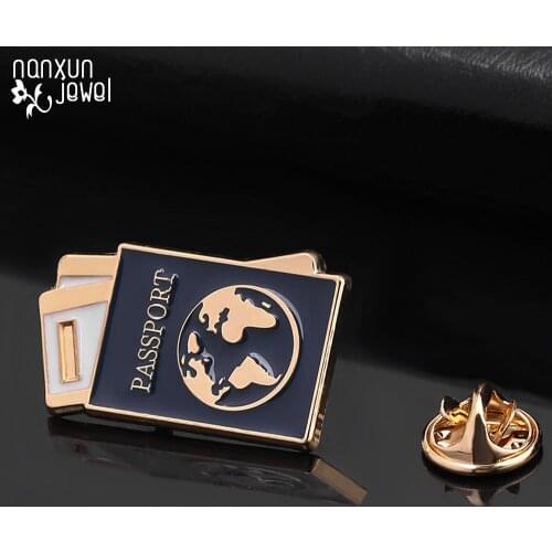 Women men Dark blue passport enamel pin brooches Cartoon travel shirt Jewelry Accessories Lapel Pin Badge Gift for Kids