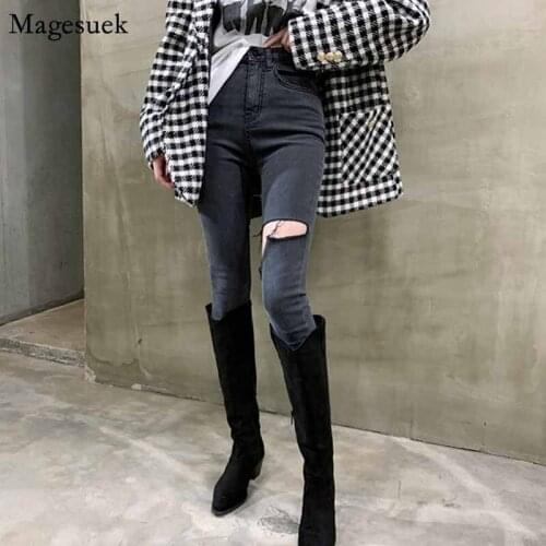 2020 Washed Gray Single Leg Cut Slimming Burr Feet Jeans for Women Korean Style Pants for Women New High Waist Jeans 10414