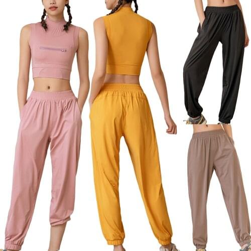 Women Sports Cycling Pants Solid Color Middle Waist Elastic Loose Casual Ankle-Length Quick-drying Slacks with Pockets for Girls