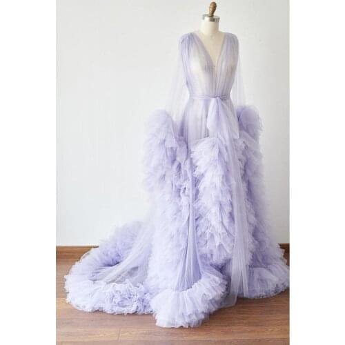 2021 Real Image High Quality Ruffles Tulle Long Robe Women Dresses Summer To Maternity Photoshoot Full Puffy Sleeves Prom Gowns