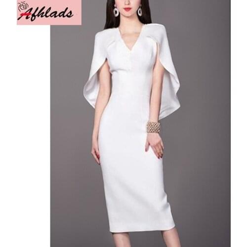 Fashion White Bodycon Party Midi Vestidos Elegant V-Neck Split Womens Clothing Spring And Summer New Sexy Knee-Length Dress