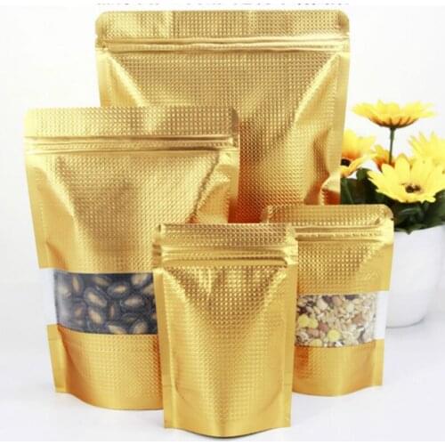 100pcs Stand up window printing food aluminum foil bag 16*24+4 gold embossed biscuit cookie candy food gift packing bags