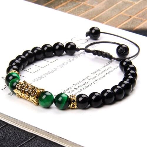 Tiger Eye Stone Black Onyx Bracelet Blue Green Purple Yellow Bead Alloy Cylinder Charm Jewelry For Women Men Vintage Unique Gift