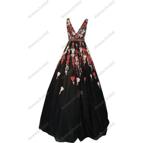 Pretty 3D Floral Red Flowers Embroidered A line Black Prom Dresses Deep V neck Tulle Backless Homecoming Graduation Dress Cheap