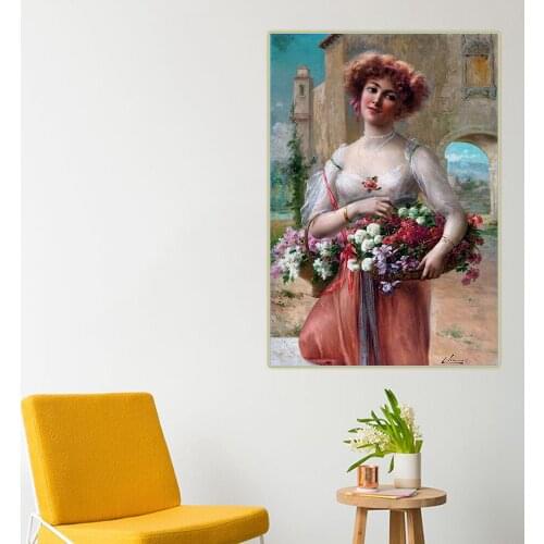 Citon Emile Vernon《Rose flower basket》Canvas Oil painting Charming beauty Art Poster Picture Modern Wall Decor Home Decoration