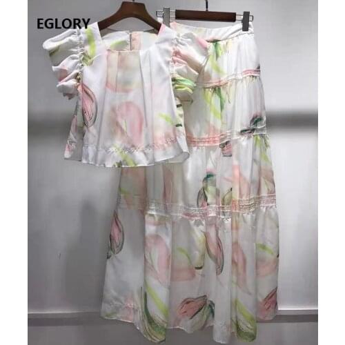 Crop Tops Sets 2021 Spring Summer Skirt Suit Women Sweet Floral Print Crop Tops +High Waist Long Maxi Skirt Set Casual 2 pc Set