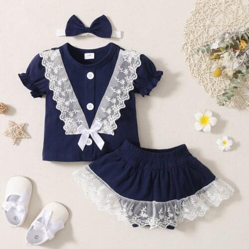 Newborn Baby Girl Lace Clothing Set Summer Short Sleeve Button Cute Fashion Toddler Girl Outfits Top + Shorts + Bow Headband