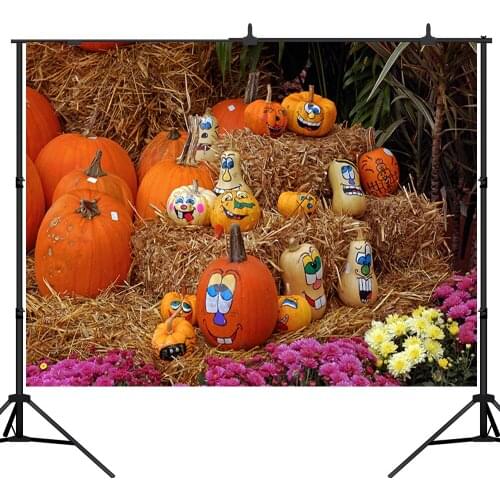 Lyavshi Golden Graffiti Pumpkin Haystack Backdrop Halloween Thanksgiving Day Photography Photo Background Studio Prop
