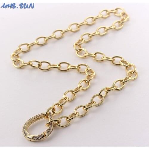 MHS.SUN Fashion Mosaic Zircon Oval Shape Pendant Necklace Bracelets Vintage Gold Color Chunky Chain Jewelry Set For Women/Girls