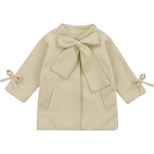 Girls Fashionable Solid Color Big Bow Overcoat, Long Sleeve Greatcoat with Pocket, Daily Life and Holiday 2020 New
