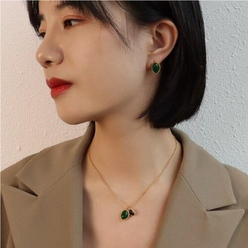 925 Silver Love Necklace Green Agate Black Agate Irregular Double Pendant Necklace Earrings Temperament Combination Chain