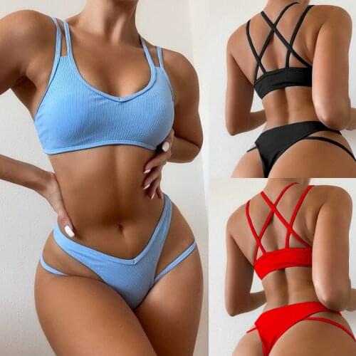 2021 Sexy Red Bikini Cross Bandage Swimsuit Women Hollow Out Swimwear Two-piece Biquini Feminino V-Neck Bikini Set Beach Wear