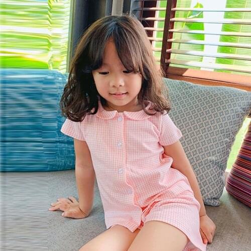 2 Colors Girls Turndown Collar Pajama Sets.Toddler Kid‘s Plaid Shorts Sleeve Pyjamas Set Sleep Loungewear.Children’s Clothing