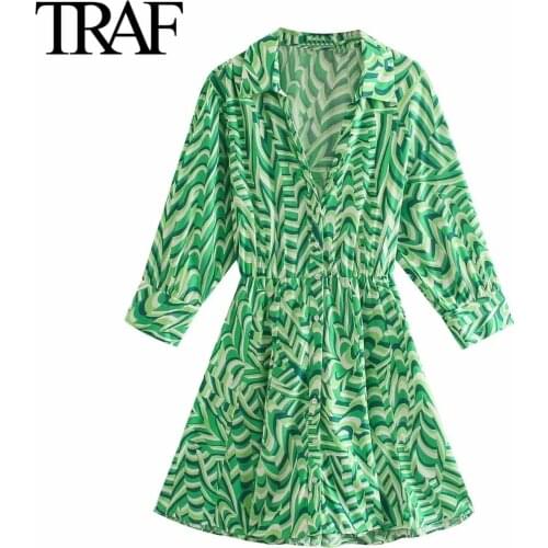 Traf Za Women Clothing 2021 Spring Autumn Chic Long Sleeved Dress Evening Mini Dresses Korean Fashion Printed Shirt Dress