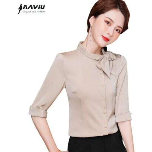 Apricot Shirt Women Half Sleeve Bow Design New Summer Fashion Formal Slim Chiffon Blouses Office Ladies Business Work Tops
