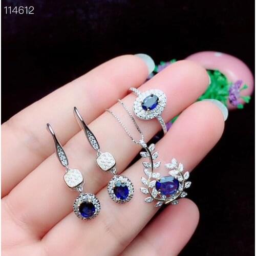 Sapphire Set Natural And Real Sapphire Jewelry Set 925 Sterling Silver 1pc Ring,1pc Pendant,2pcs Earring Wedding Best Gift