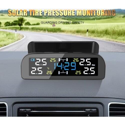 Car Tire Pressure Monitoring System TPMS Solar Power Digital Clock Display Tire Pressure Sensors Save Fuel Monitor with 4 Sensor