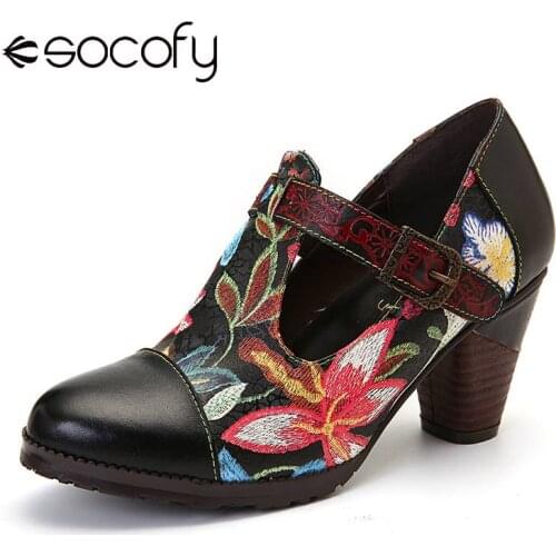 SOCOFY Folkways Colorful Flowers Stitching Genuine Leather Retro T-Strap Dress Pumps For Women Shoes Women Botines Mujer 2020